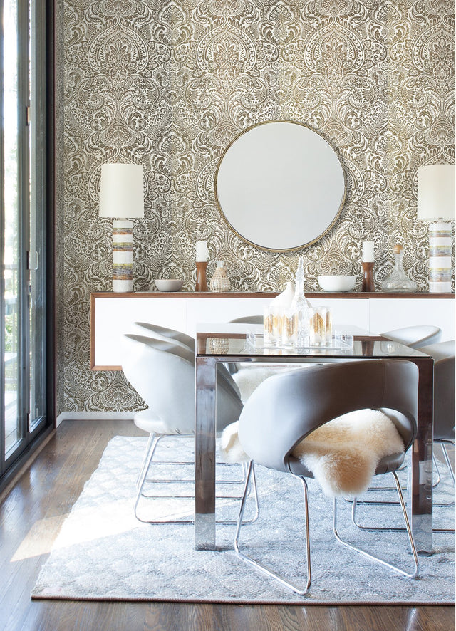 Artemis Gold Floral Damask Wallpaper with Metallic Foil on Non Woven - A?Street Prints 4019-86441