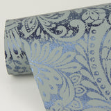 Artemis Sapphire Floral Damask Wallpaper with Metallic Foil Glam Botanical Pattern - A-Street Prints 4019-86442