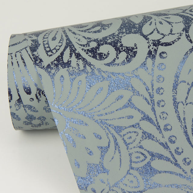 Artemis Sapphire Floral Damask Wallpaper with Metallic Foil Glam Botanical Pattern - A-Street Prints 4019-86442