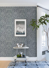 Artemis Sapphire Floral Damask Wallpaper with Metallic Foil Glam Botanical Pattern - A-Street Prints 4019-86442