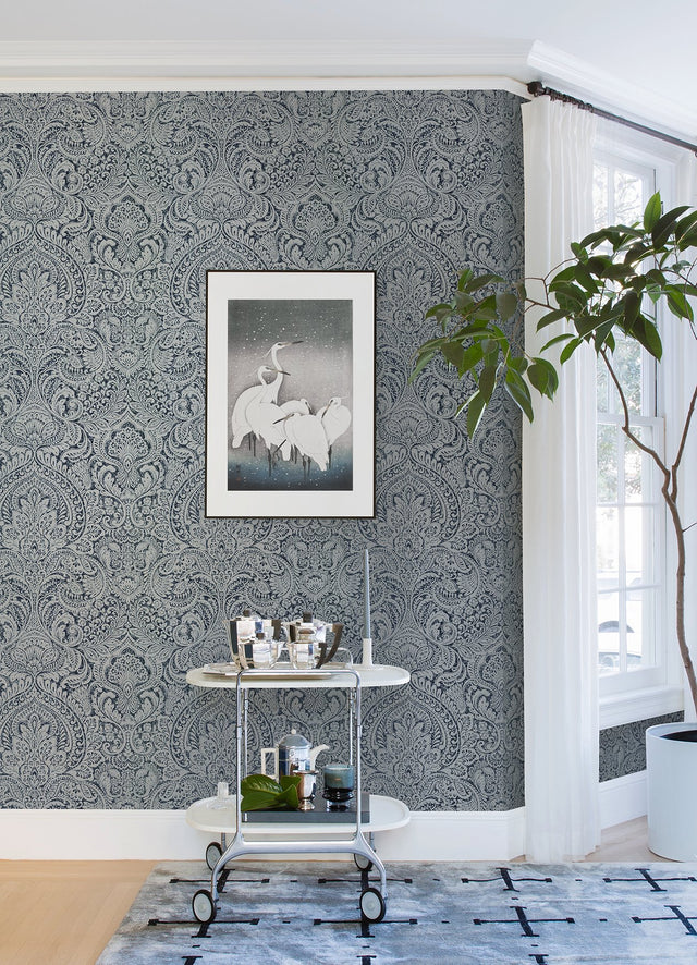 Artemis Sapphire Floral Damask Wallpaper with Metallic Foil Glam Botanical Pattern - A-Street Prints 4019-86442