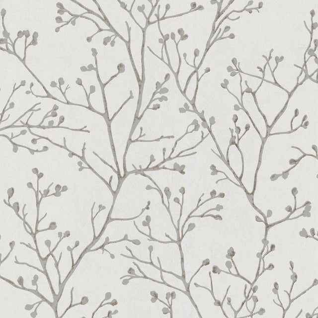 Koura Silver Budding Branches Wallpaper with Metallic Foil Botanical Pattern, Farmhouse Style - A-Street Prints 4019-86453