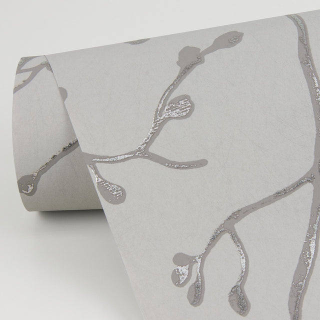 Koura Silver Budding Branches Wallpaper with Metallic Foil Botanical Pattern, Farmhouse Style - A-Street Prints 4019-86453