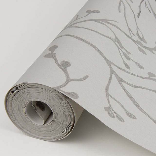 Koura Silver Budding Branches Wallpaper with Metallic Foil Botanical Pattern, Farmhouse Style - A-Street Prints 4019-86453