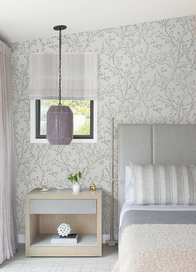 Koura Silver Budding Branches Wallpaper with Metallic Foil Botanical Pattern, Farmhouse Style - A-Street Prints 4019-86453