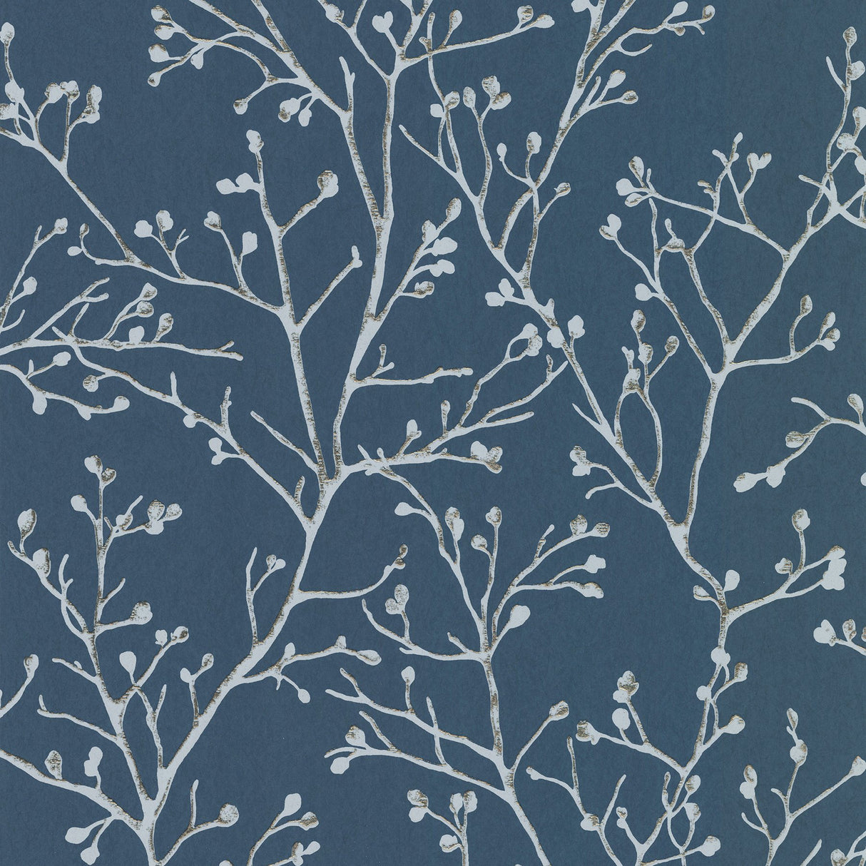 Koura Sapphire Budding Branches Wallpaper with Metallic Foil Botanical Farmhouse Design - Brewster 4019-86455