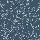 Koura Sapphire Budding Branches Wallpaper with Metallic Foil Botanical Farmhouse Design - Brewster 4019-86455
