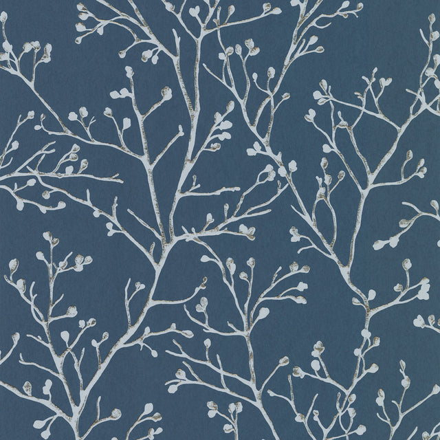 Koura Sapphire Budding Branches Wallpaper with Metallic Foil Botanical Farmhouse Design - Brewster 4019-86455