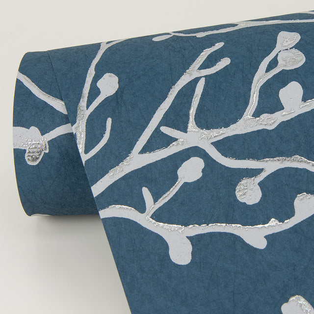 Koura Sapphire Budding Branches Wallpaper with Metallic Foil Botanical Farmhouse Design - Brewster 4019-86455