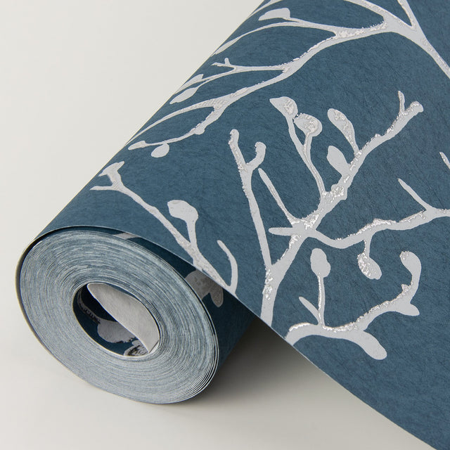 Koura Sapphire Budding Branches Wallpaper with Metallic Foil Botanical Farmhouse Design - Brewster 4019-86455