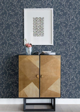 Koura Sapphire Budding Branches Wallpaper with Metallic Foil Botanical Farmhouse Design - Brewster 4019-86455