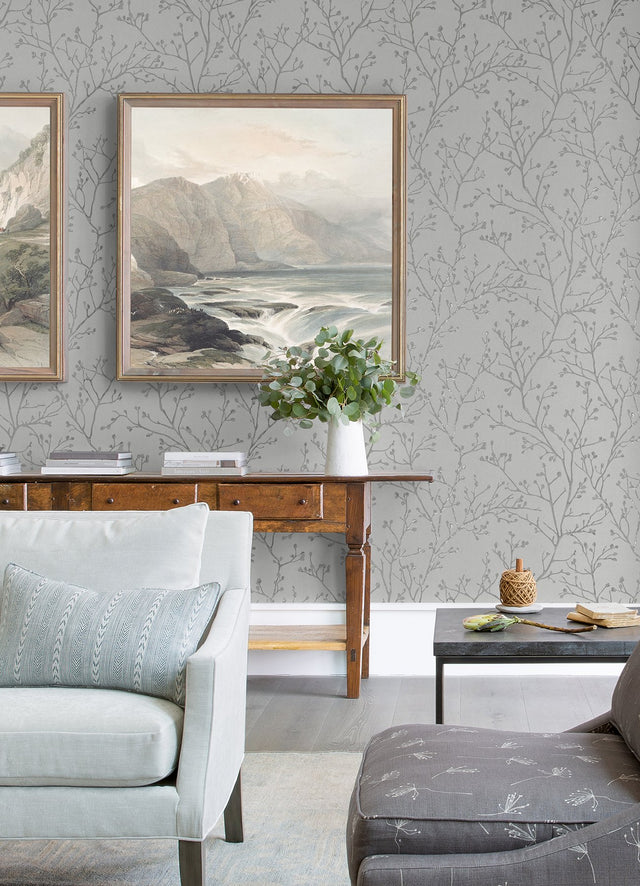 Koura Platinum Budding Branches Wallpaper with Metallic Botanical Pattern - A-Street Prints 4019-86456