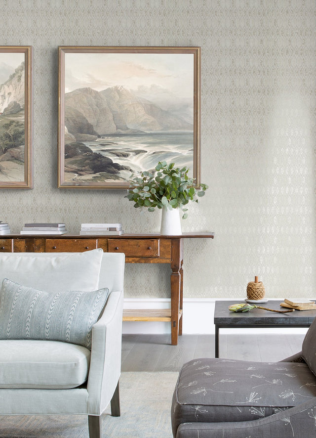 Damour Cream Hexagon Ogee Wallpaper with Metallic Geometric Ogee Pattern - A-Street Prints 4019-86462