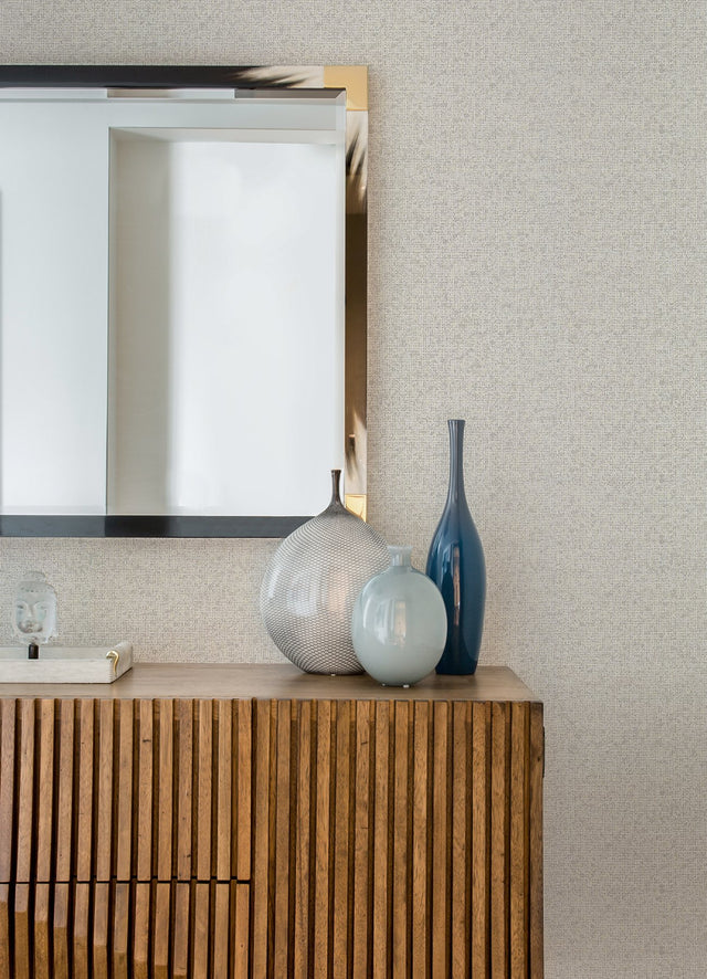 Maia Platinum Faux Linen Wallpaper with Metallic Textured Fabric & Woven Look - Brewster 4019-86482