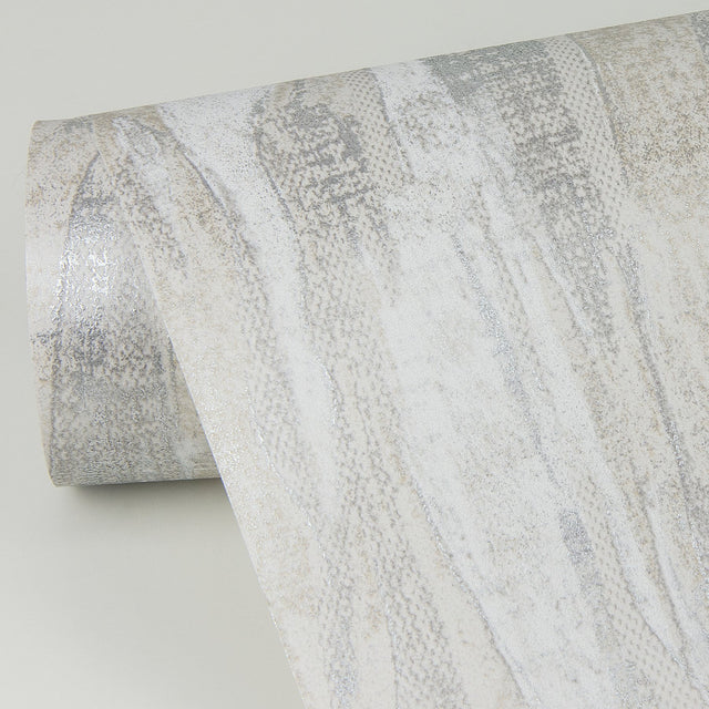 Suna Silver Woodgrain Wallpaper with Metallic Foil on Non Woven, Farmhouse Graphics Style - Brewster 4019-86485