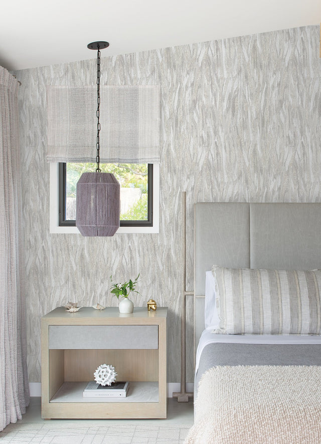 Suna Silver Woodgrain Wallpaper with Metallic Foil on Non Woven, Farmhouse Graphics Style - Brewster 4019-86485