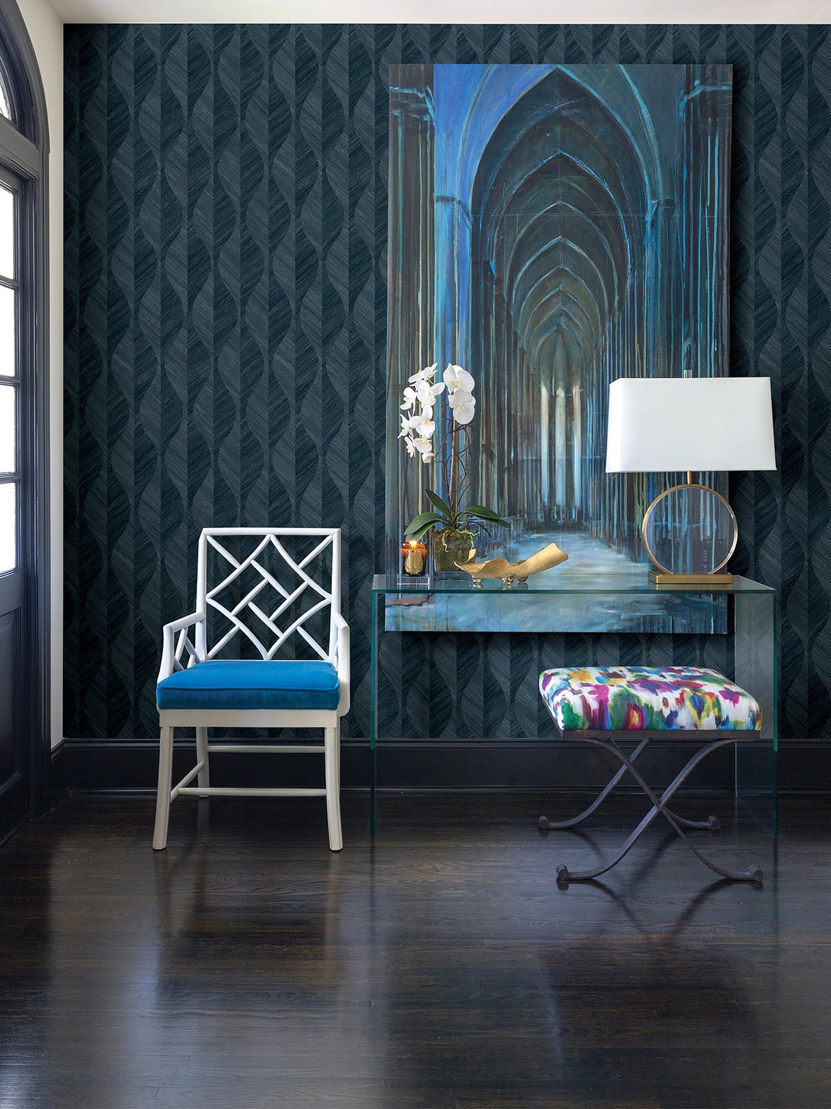 Oresome Indigo Ogee Wallpaper with Metallic Raised-Ink Textured Graphics - Advantage 4025-82501