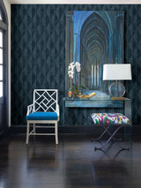 Oresome Indigo Ogee Wallpaper with Metallic Raised-Ink Textured Graphics - Advantage 4025-82501