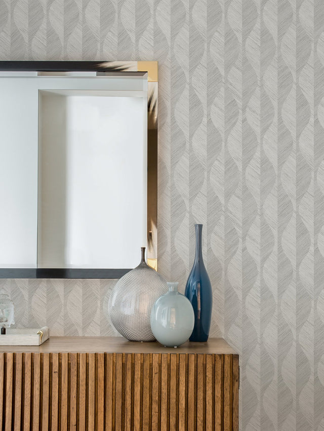 Oresome Silver Ogee Wallpaper with Metallic Raised Ink Texture - Advantage 4025-82503