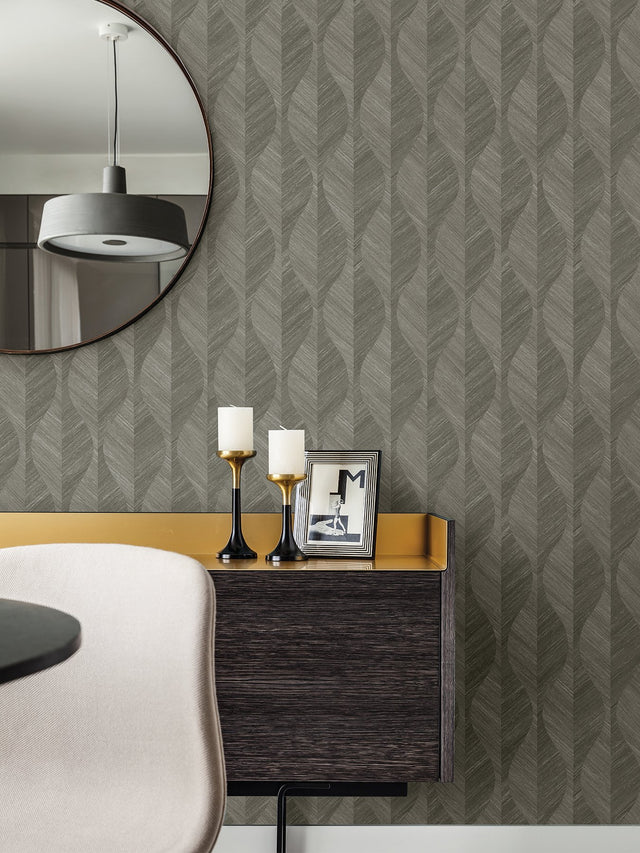 Oresome Dark Grey Ogee Wallpaper with Metallic Raised Ink Texture - Advantage 4025-82509