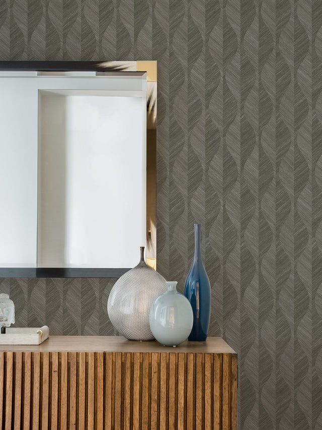Oresome Dark Grey Ogee Wallpaper with Metallic Raised Ink Texture - Advantage 4025-82509