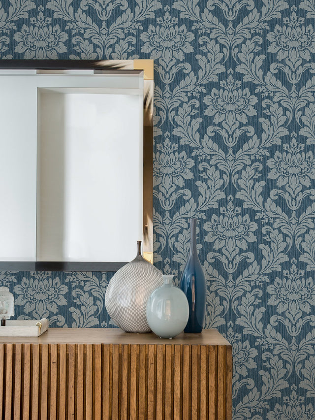 Galois Blue Damask Wallpaper with Metallic Textured Raised Ink - Advantage 4025-82511