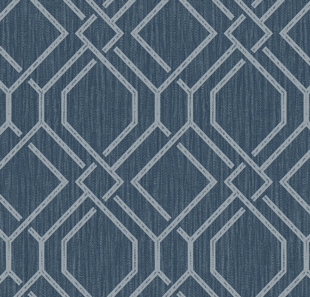 Frege Blue Trellis Wallpaper with Metallic Textured Geometric Pattern - Brewster 4025-82512