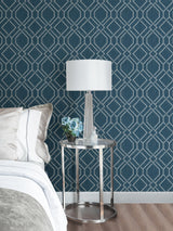 Frege Blue Trellis Wallpaper with Metallic Textured Geometric Pattern - Brewster 4025-82512