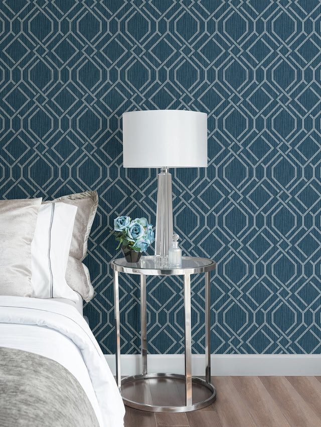 Frege Blue Trellis Wallpaper with Metallic Textured Geometric Pattern - Brewster 4025-82512