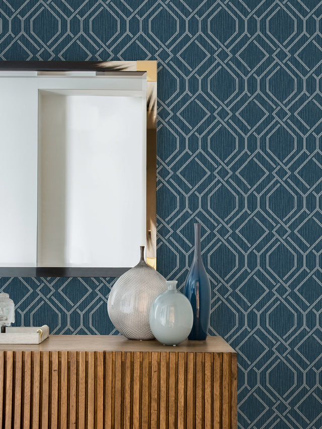 Frege Blue Trellis Wallpaper with Metallic Textured Geometric Pattern - Brewster 4025-82512