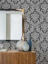 Galois Silver Damask Wallpaper with Metallic Textured Damask Pattern - Advantage 4025-82517