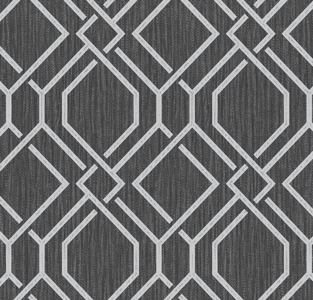 Frege Charcoal Trellis Wallpaper with Metallic Textured Geometric Pattern - Advantage 4025-82519