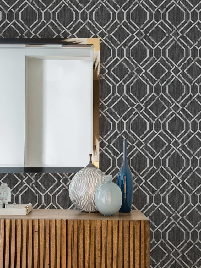 Frege Charcoal Trellis Wallpaper with Metallic Textured Geometric Pattern - Advantage 4025-82519