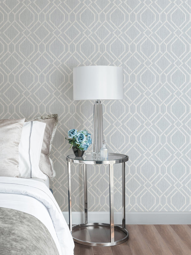 Frege Light Blue Trellis Wallpaper with Metallic Geometric Pattern - Advantage 4025-82522