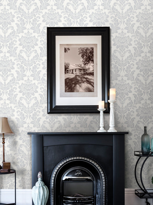 Galois Light Grey Damask Wallpaper with Metallic Raised Ink Texture - Advantage 4025-82524