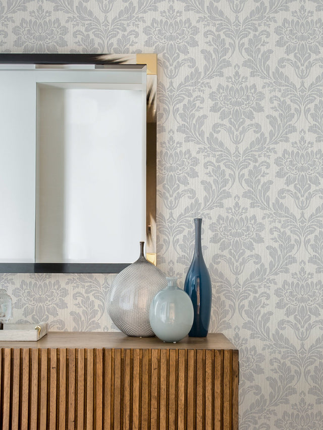 Galois Light Grey Damask Wallpaper with Metallic Raised Ink Texture - Advantage 4025-82524