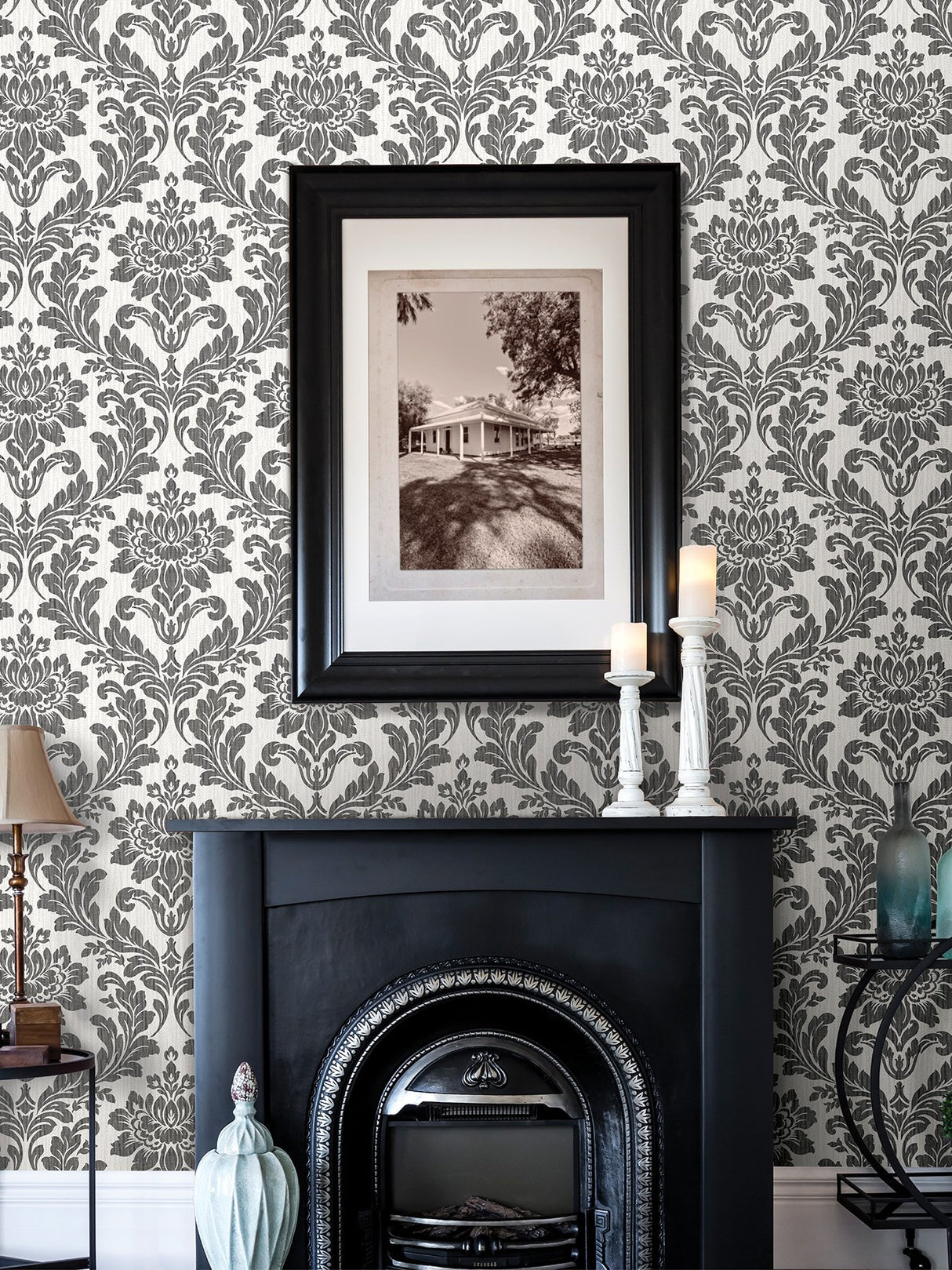 Galois Black Damask Wallpaper with Metallic Textured Raised Ink - Advantage 4025-82527