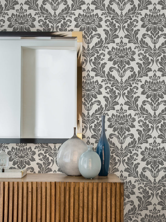 Galois Black Damask Wallpaper with Metallic Textured Raised Ink - Advantage 4025-82527