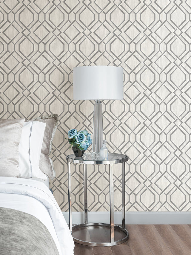 Frege Grey Trellis Wallpaper with Modern Geometric Metallic Accents - Advantage 4025-82528