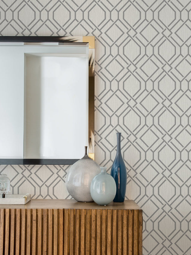 Frege Grey Trellis Wallpaper with Modern Geometric Metallic Accents - Advantage 4025-82528
