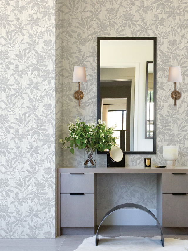 Riemann Silver Floral Wallpaper with Metallic Raised-Ink Botanical Silhouette - Advantage 4025-82530