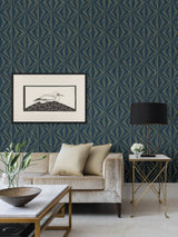 Monge Blue Geometric Wallpaper with Metallic Raised Ink Art Deco Pattern - Advantage 4025-82552