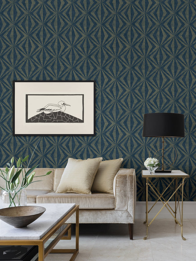 Monge Blue Geometric Wallpaper with Metallic Raised Ink Art Deco Pattern - Advantage 4025-82552