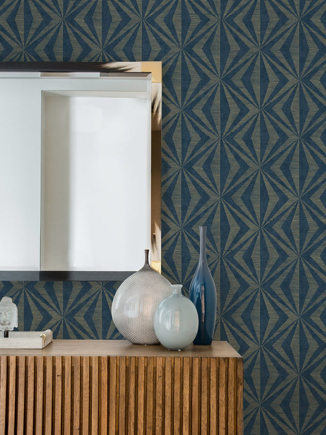 Monge Blue Geometric Wallpaper with Metallic Raised Ink Art Deco Pattern - Advantage 4025-82552