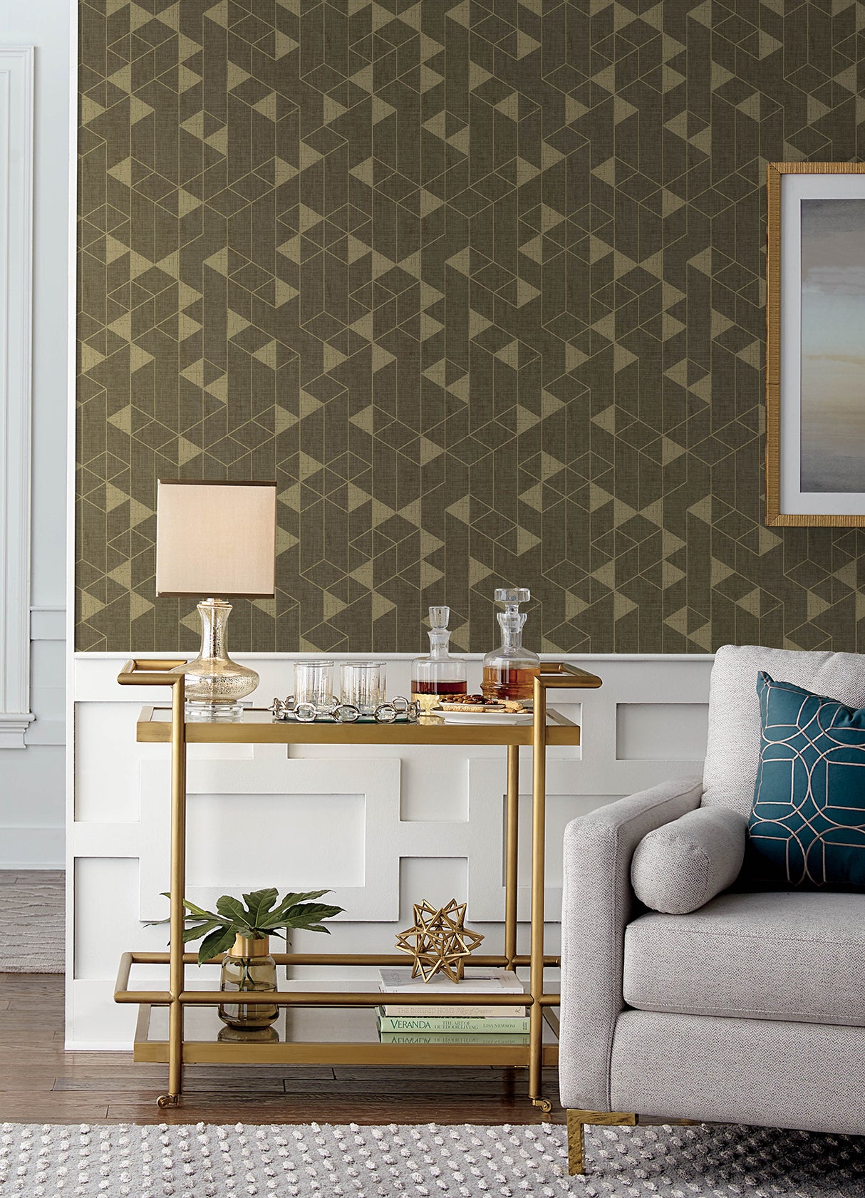 Fairbank Chocolate by A-Street Prints Linen Geometric Wallpaper with Metallic Gold Accents on Brown Faux Linen - FD26773