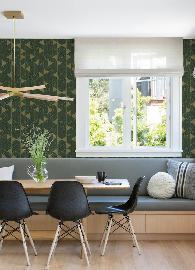 Fairbank Evergreen Linen Geometric Wallpaper with Metallic Modern Geometric Pattern - Brewster 4034-26774