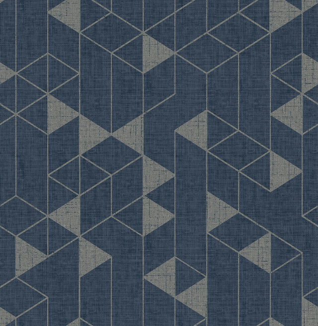 Fairbank Navy Linen Geometric Wallpaper with Metallic Modern Graphic Pattern - Brewster 4034-26775