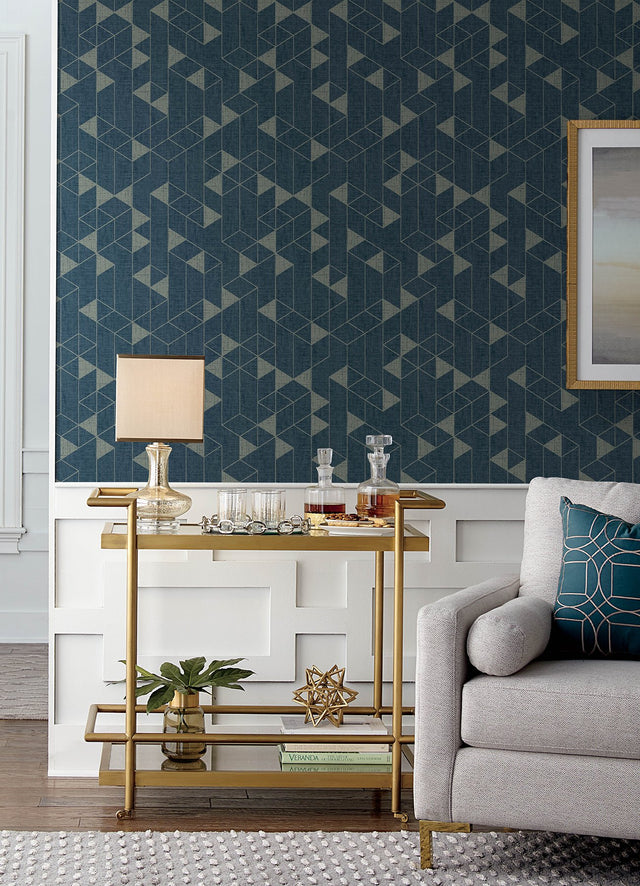 Fairbank Navy Linen Geometric Wallpaper with Metallic Modern Graphic Pattern - Brewster 4034-26775