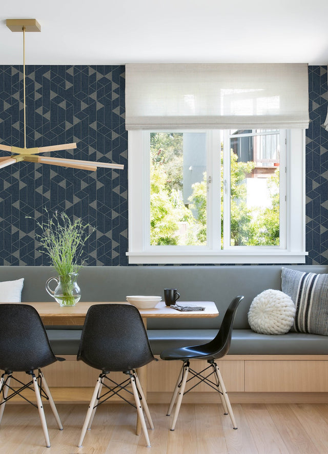 Fairbank Navy Linen Geometric Wallpaper with Metallic Modern Graphic Pattern - Brewster 4034-26775