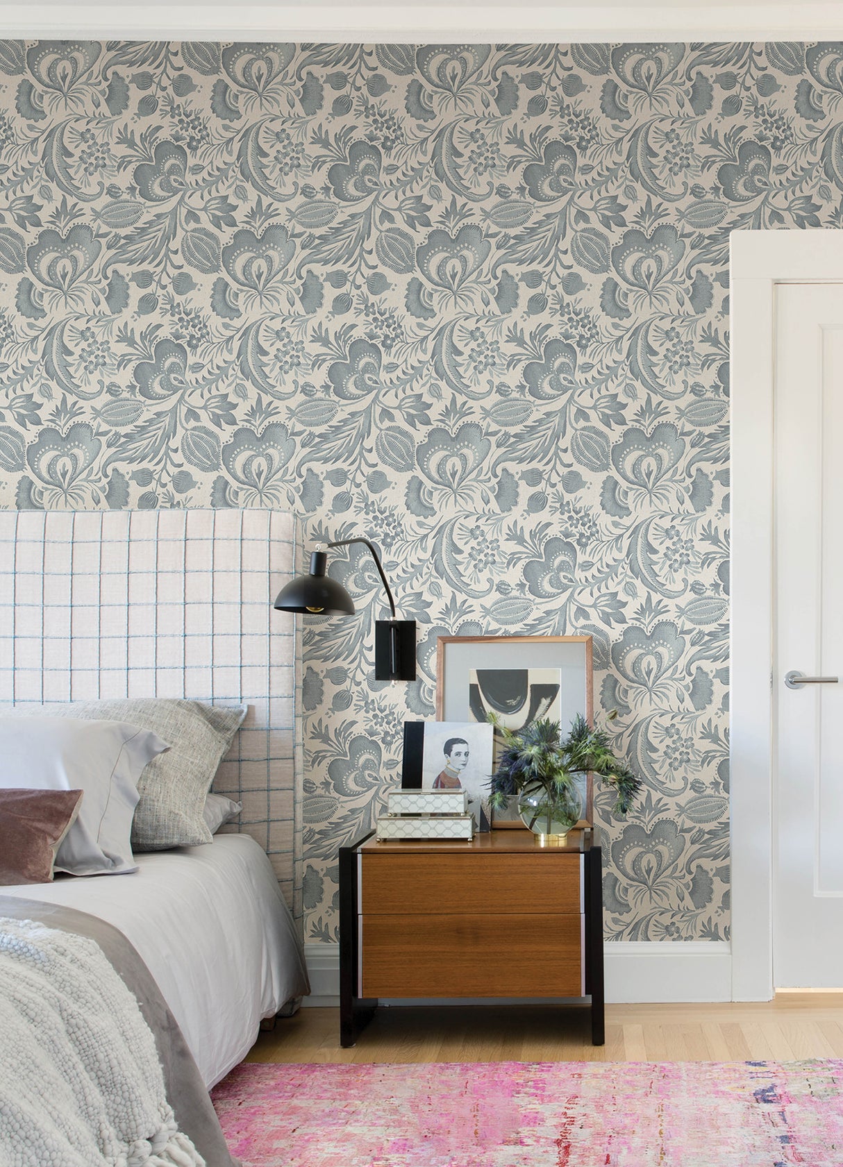 Culver Slate Jacobean Botanical Scrolling Floral Blue Non Woven Unpasted Strippable Washable Wallpaper by A-Street Prints Scott Living - FD26781